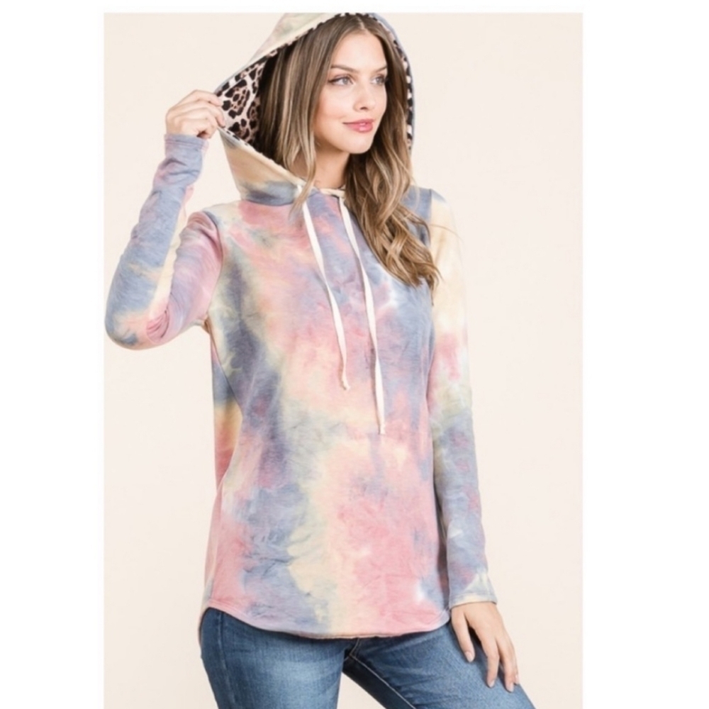 Tie Dye Hoodie w/ Leopard Print Hood - Picture 2 of 15